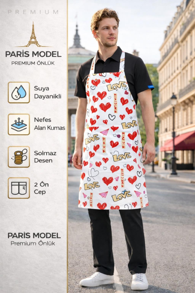 Mutfak Önlüğü – Kalp Sevgi Temalı, Suya Dayanıklı, 2 Geniş Cepli Renkli Önlük