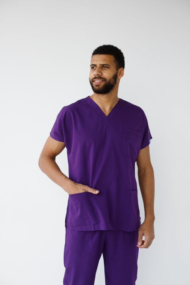 Erkek Likralı Yarasa Kol Hemşire Doktor Takım Koyu Mor