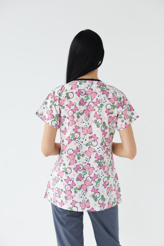 Kadın Likralı Yarasa Kol Hemşire Doktor Beyaz Kelebek Desenli Tek Üst Forma