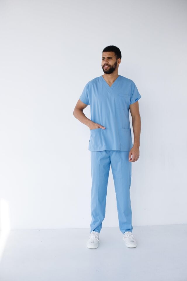 Erkek Likralı Yarasa Kol Hemşire Doktor Takım Açık Mavi