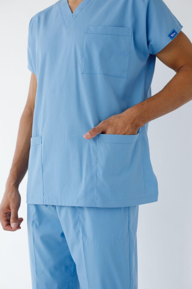 Erkek Likralı Yarasa Kol Hemşire Doktor Takım Açık Mavi