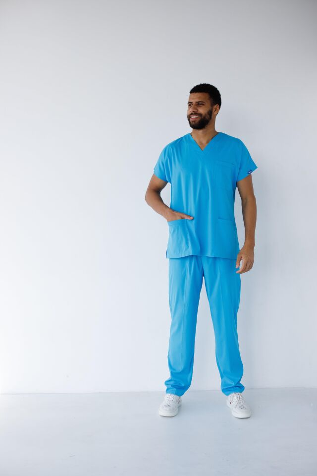 Erkek Likralı Yarasa Kol Hemşire Doktor Takım Turkuaz