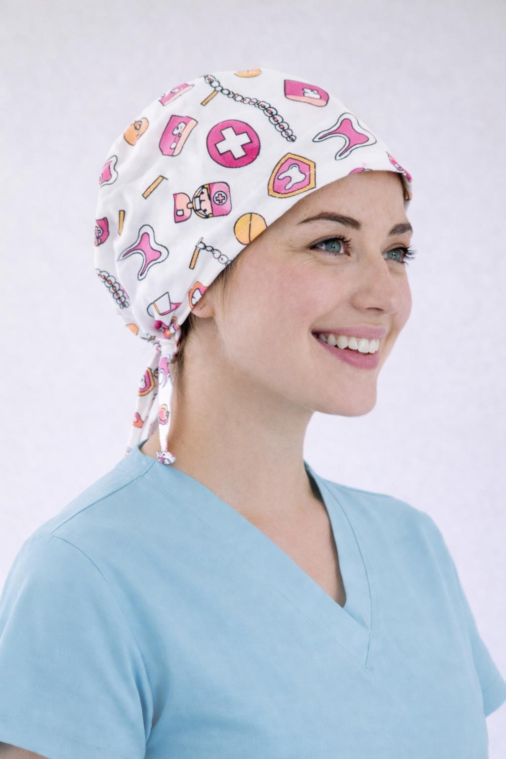 Cerrahi Bone Medikal Doktor Hemşire Hastane Bonesi Unisex -Beyaz Diş Desen