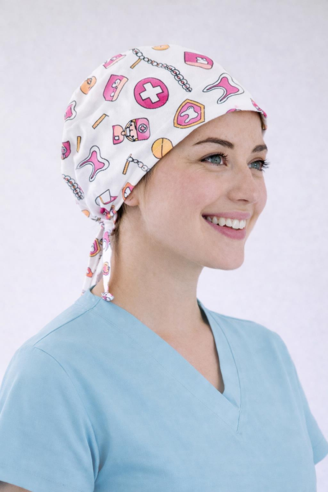 Cerrahi Bone Medikal Doktor Hemşire Hastane Bonesi Unisex -Beyaz Diş Desen