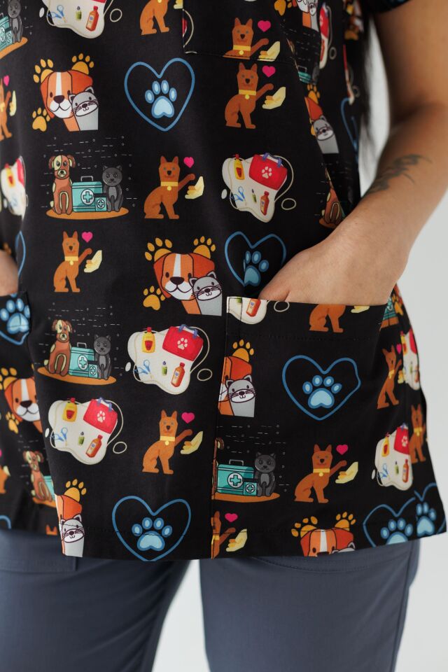 Kadın Likralı Yarasa Kol Hemşire Doktor Desenli Tek Üst Forma