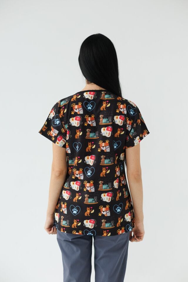 Kadın Likralı Yarasa Kol Hemşire Doktor Desenli Tek Üst Forma