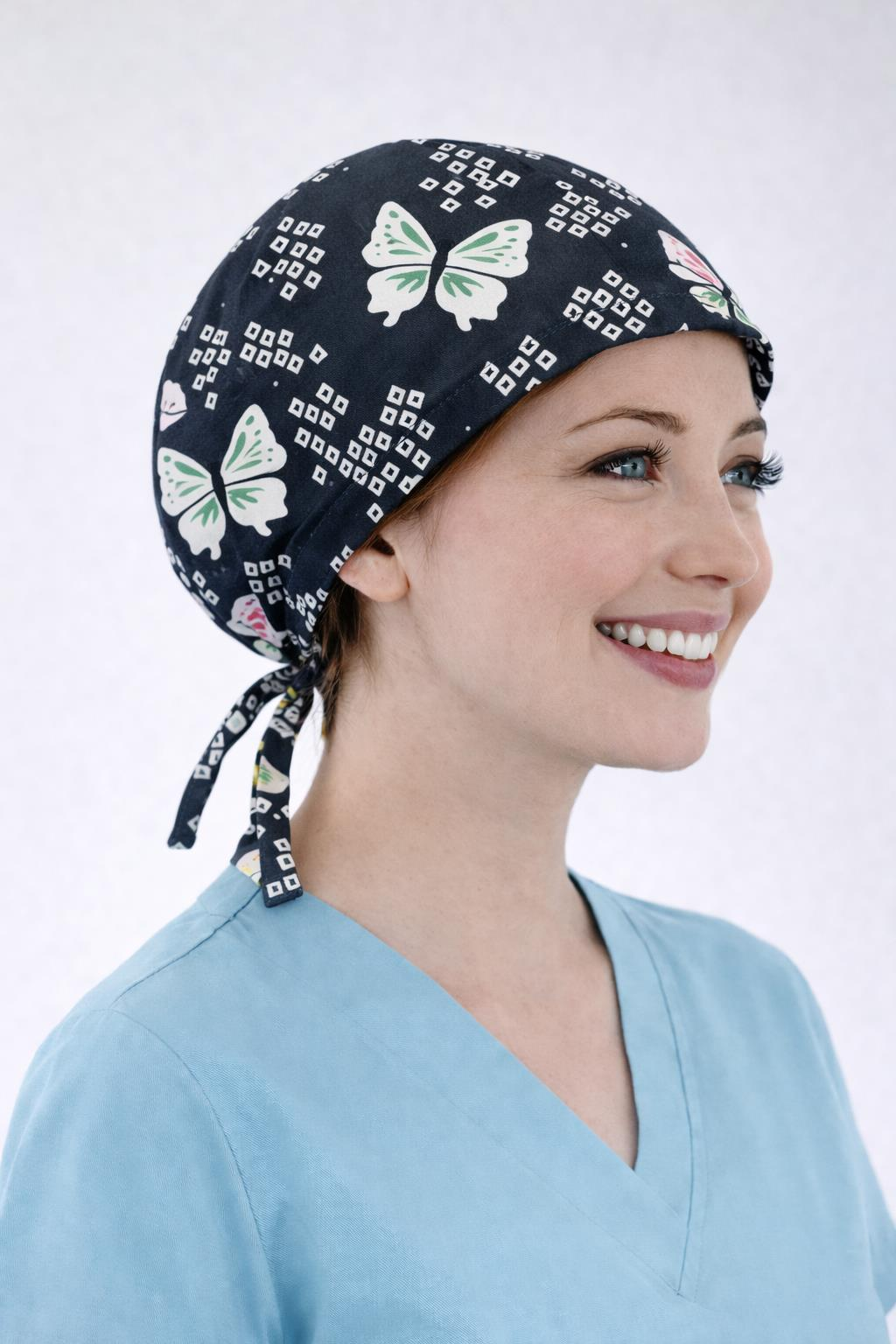 Cerrahi Bone Medikal Doktor Hemşire Hastane Bonesi Unisex -Kelebek Koyu Zemin Desen