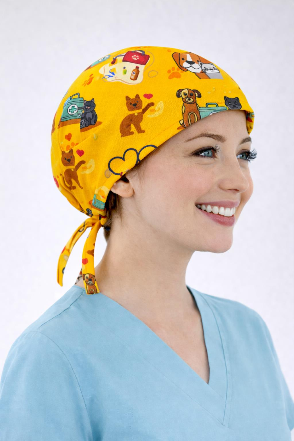 Cerrahi Bone Medikal Doktor Hemşire Hastane Bonesi Unisex -Sarı Veteriner Desen