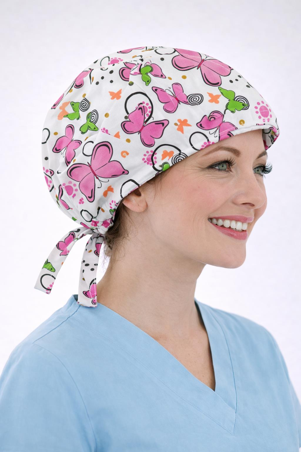 Cerrahi Bone Medikal Doktor Hemşire Hastane Bonesi Unisex -Fuşya Kelebek Desen