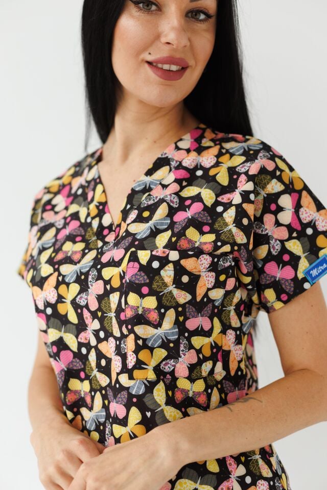 Kadın Likralı Yarasa Kol Hemşire Doktor Beyaz Kelebek Desenli Tek Üst Forma