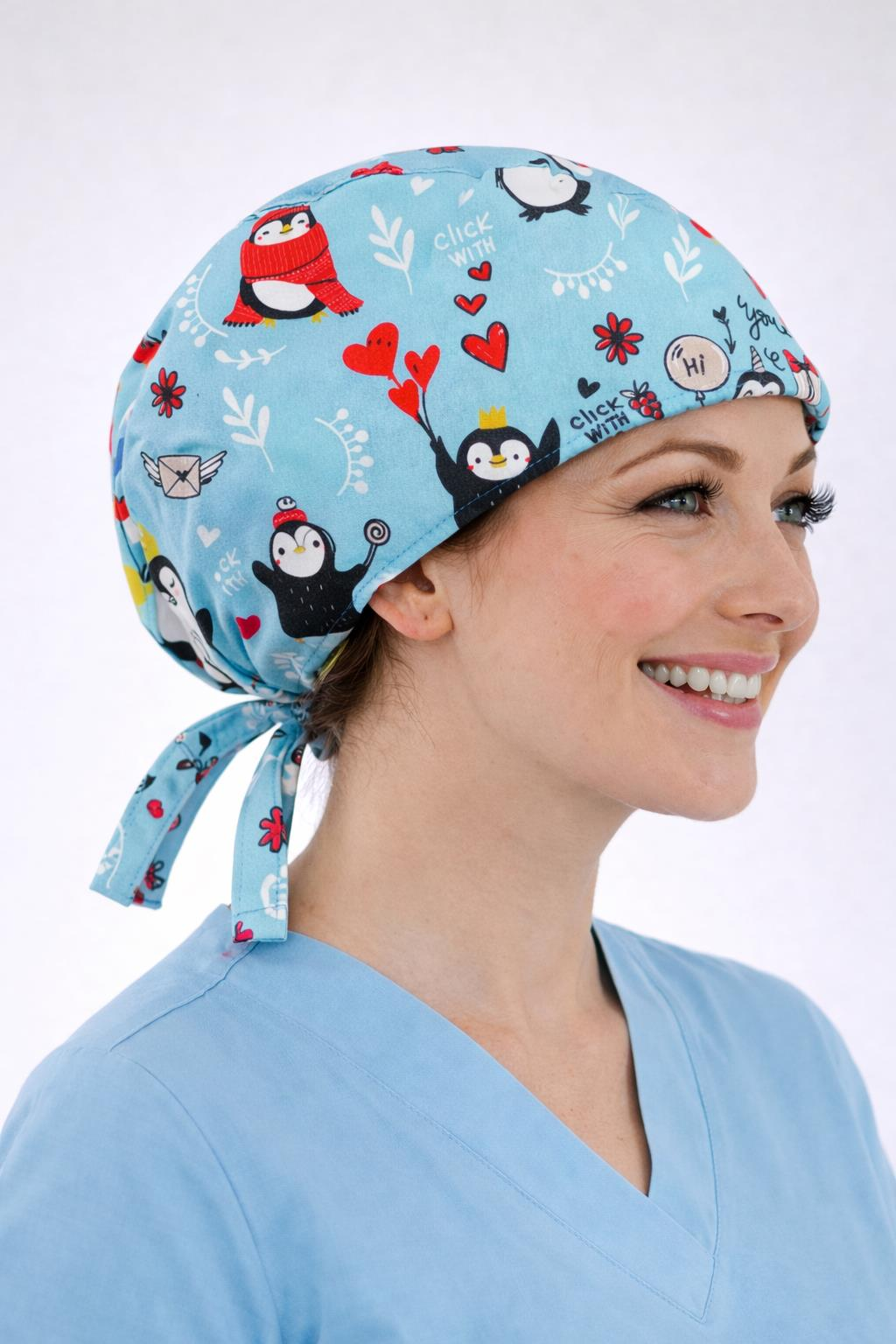 Cerrahi Bone Medikal Doktor Hemşire Hastane Bonesi Unisex -Mavi Penguen Desen