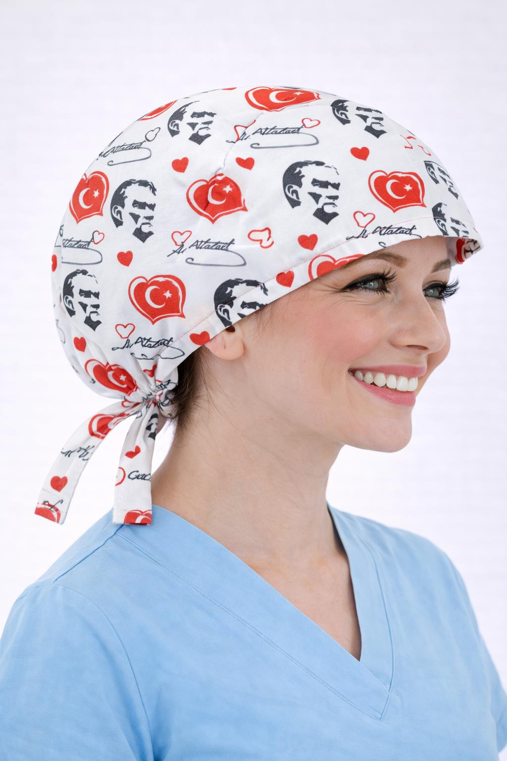 Cerrahi Bone Medikal Doktor Hemşire Hastane Bonesi Unisex -Beyaz Atatürk Desen