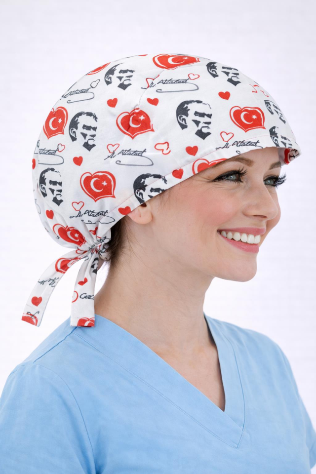 Cerrahi Bone Medikal Doktor Hemşire Hastane Bonesi Unisex -Beyaz Atatürk Desen