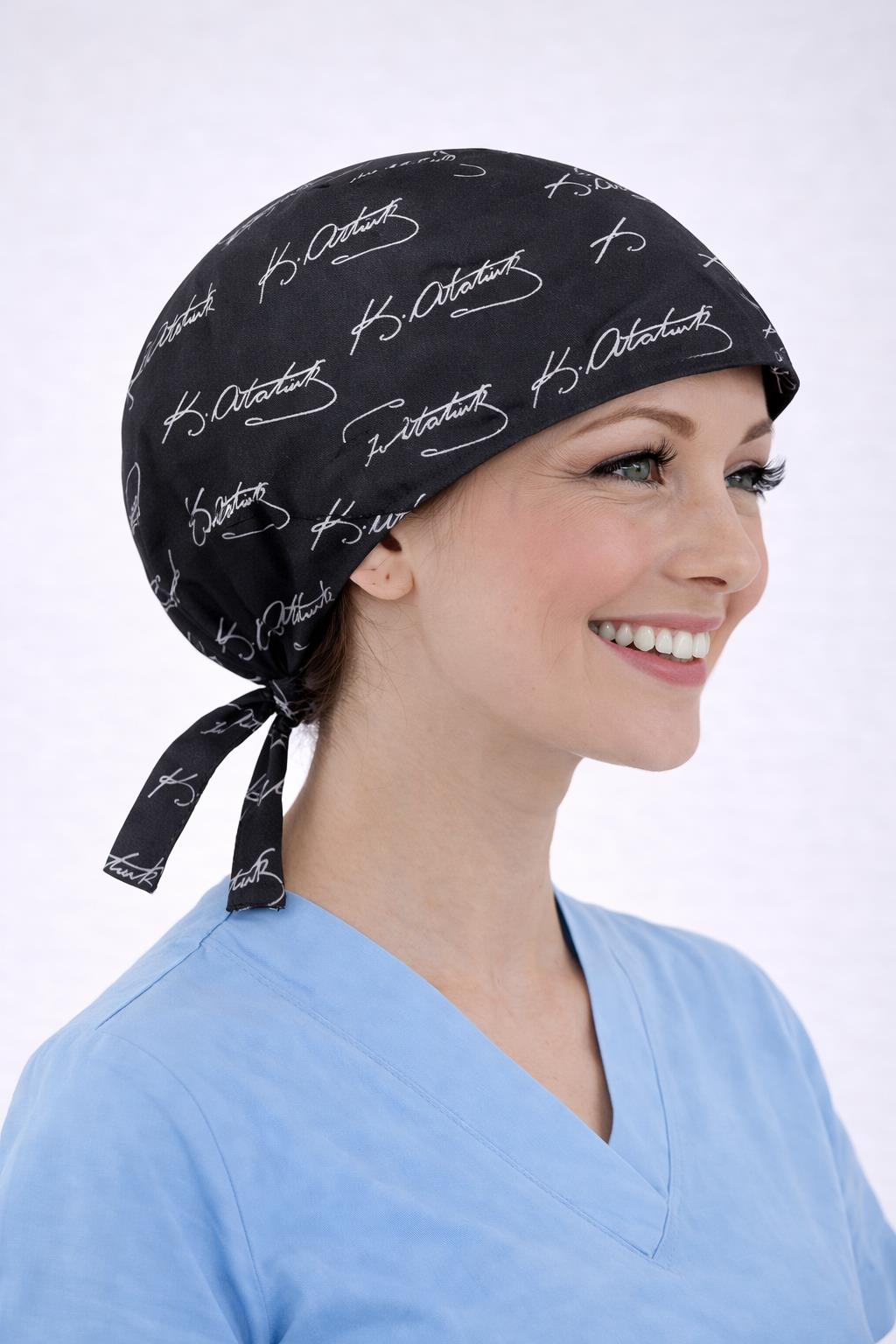 Cerrahi Bone Medikal Doktor Hemşire Hastane Bonesi Unisex -Siyah Atatürk Desen