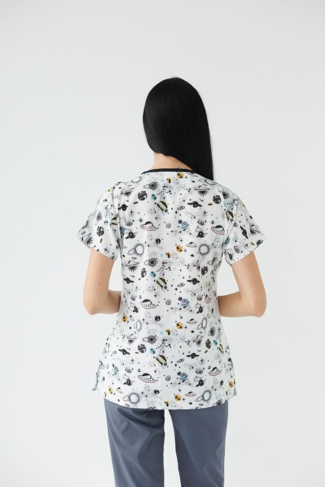 Kadın Likralı Yarasa Kol Hemşire Doktor Gezegen Desenli Tek Üst Forma