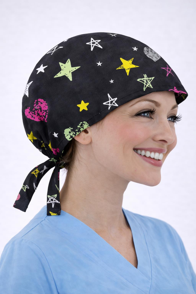 Cerrahi Bone Medikal Doktor Hemşire Hastane Bonesi Unisex -Siyah Yıldız Desen