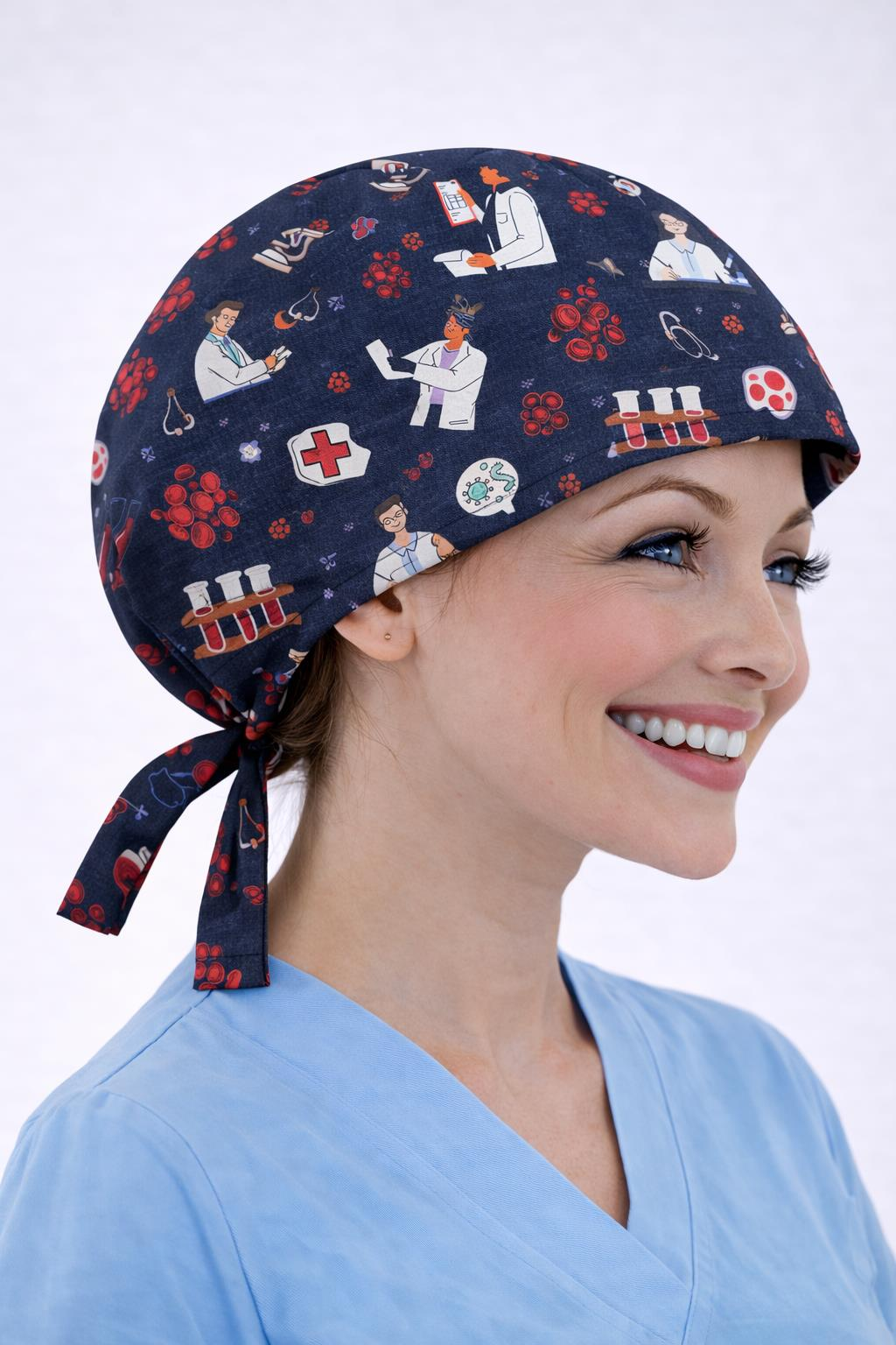 Cerrahi Bone Medikal Doktor Hemşire Hastane Bonesi Unisex -Lacivert Tahlil Desen