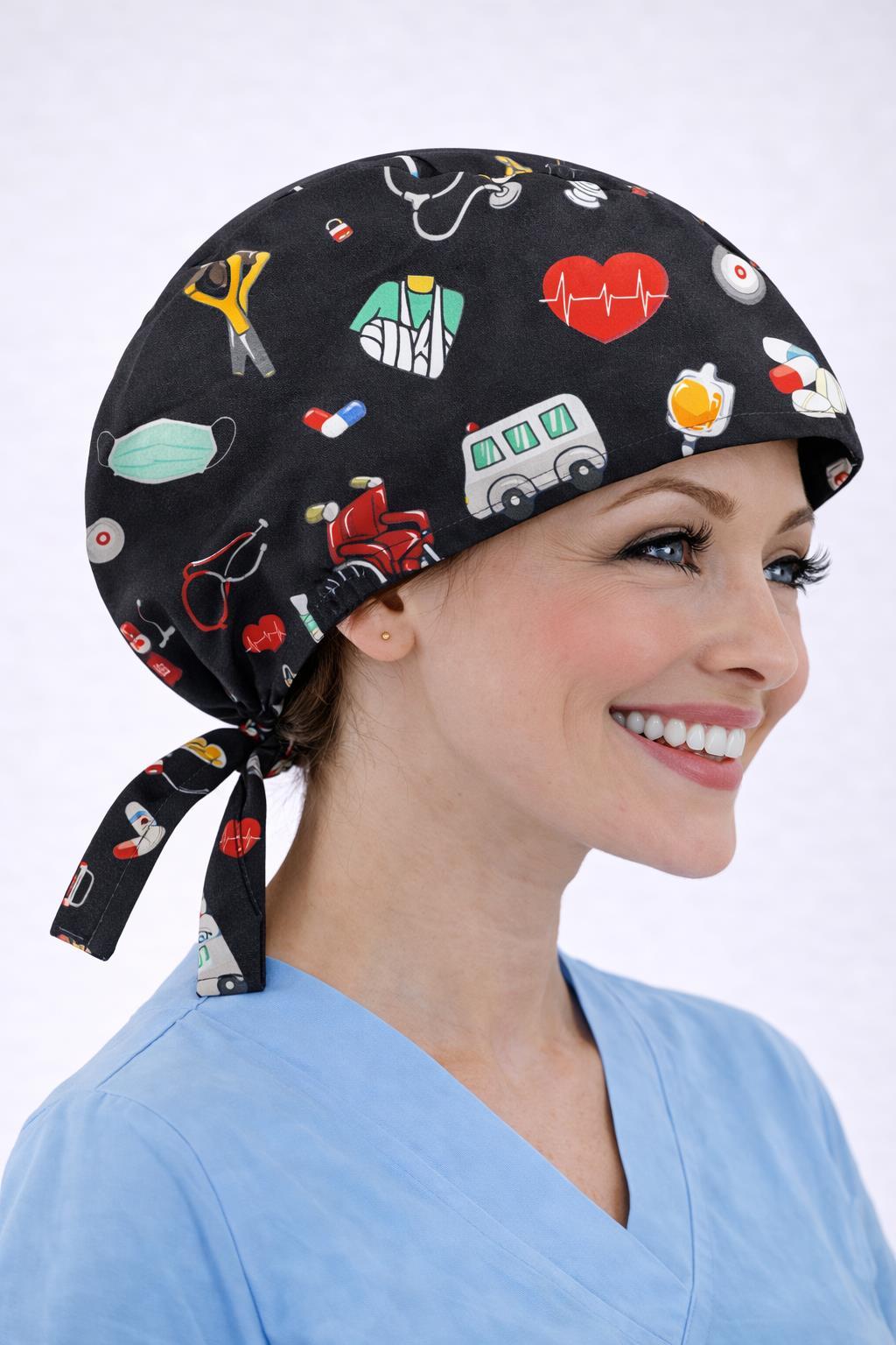 Cerrahi Bone Medikal Doktor Hemşire Hastane Bonesi Unisex -Siyah Maske Desen