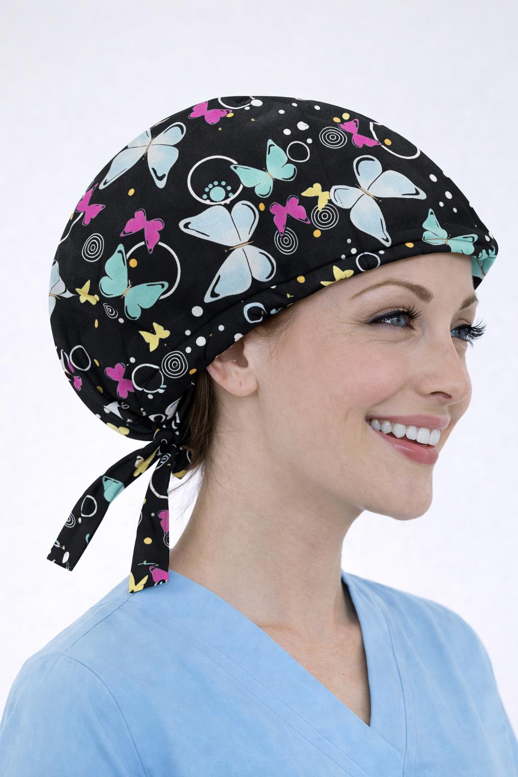 Cerrahi Bone Medikal Doktor Hemşire Hastane Bonesi Unisex -Siyah Yeşil Kelebek Desen