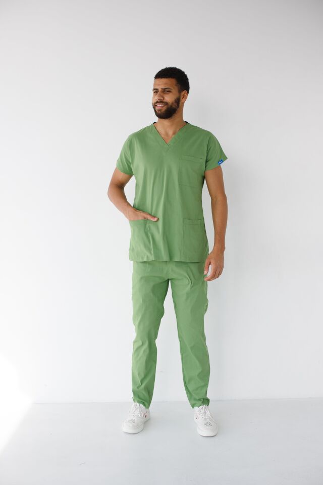 Erkek Likralı Yarasa Kol Hemşire Doktor Takım Fıstık Yeşili