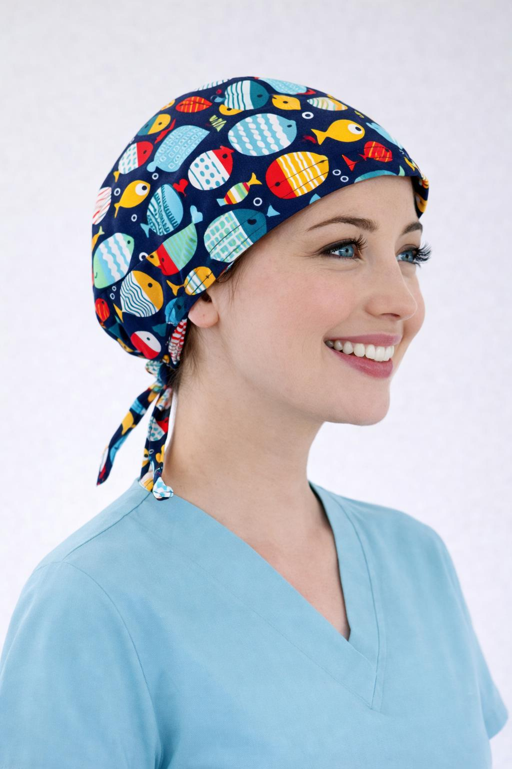 Cerrahi Bone Medikal Doktor Hemşire Hastane Bonesi Unisex -Lacivert Balık Desen