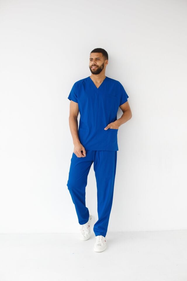 Erkek Likralı Yarasa Kol Hemşire Doktor Takım Saks Mavi